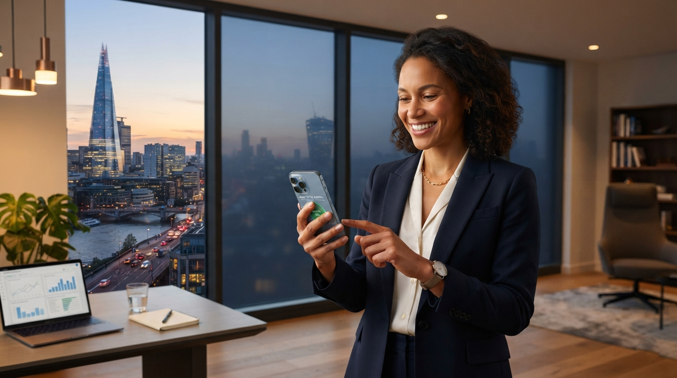 Businesswoman controlling smart glass via phone app